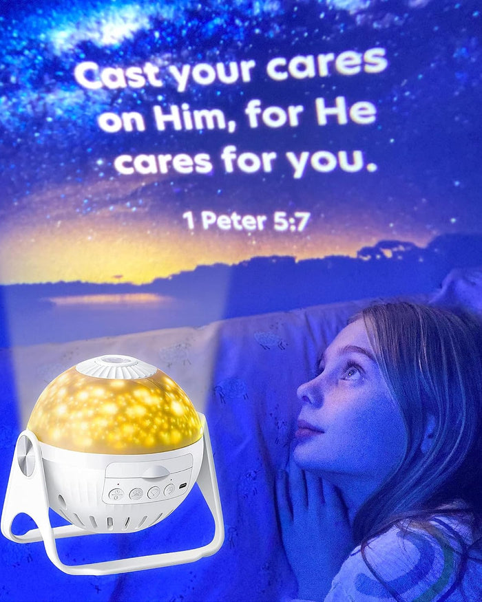 Bible verse projected on ceiling in child's room