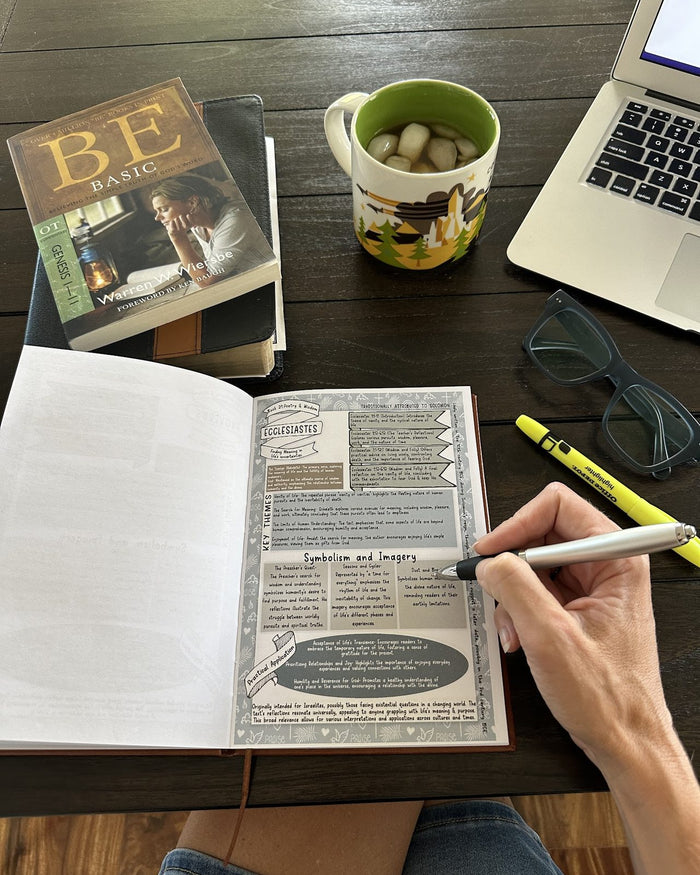 Open journal showing the printed guide page and a blank page for notes